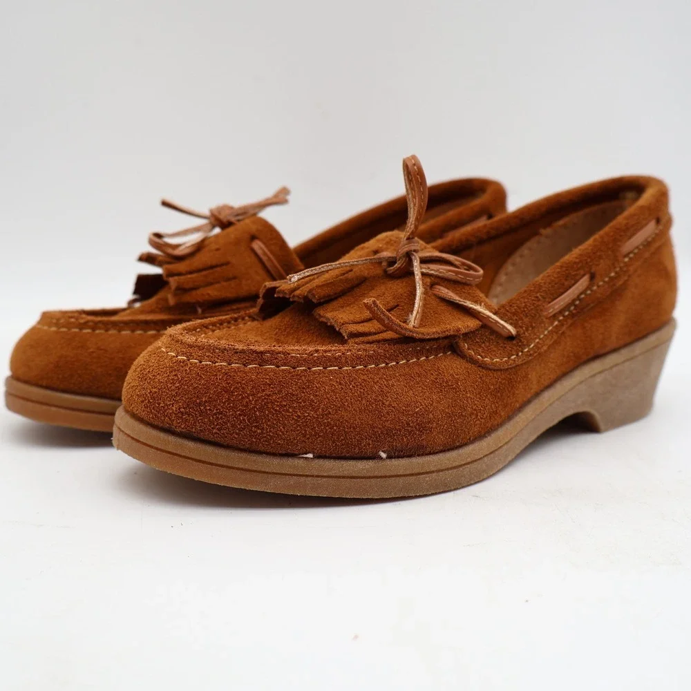 Young Ones Loafers Youth 13 Vintage Brown Suede Kiltie Fringe Moc Toe Wedge